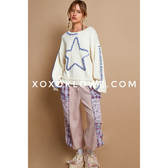 POL Cream with Blue Star Contrast Stitched Relaxed Fit  Sweater - Picture 9 of 13
